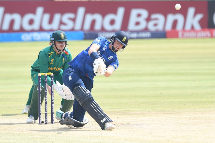 Ben McKinney of England plays a shot during the ICC U19 Men's World Cup 2024 against South Africa at JB Marks Oval in Potchefstroom.