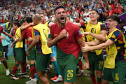 Goncalo Ramos of Portugal celebrates after scoring their first goal in the World Cup last-16 match against Switzerland at Lusail Stadium in Lusail City, Qatar on December 6 2022.