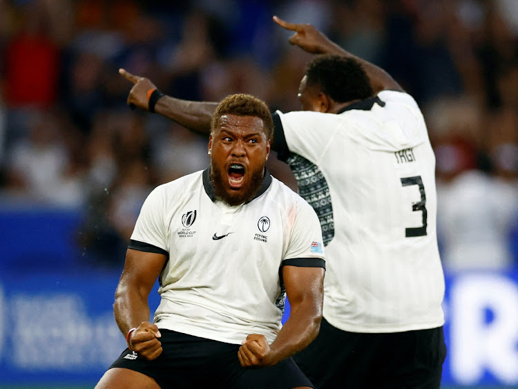 Fiji's Tevita Ikanivere celebrates at the end of their 2023 Rugby World Cup pool C win against Australia at Stade Geoffroy-Guichard in Saint-Etienne, France on Sunday night.