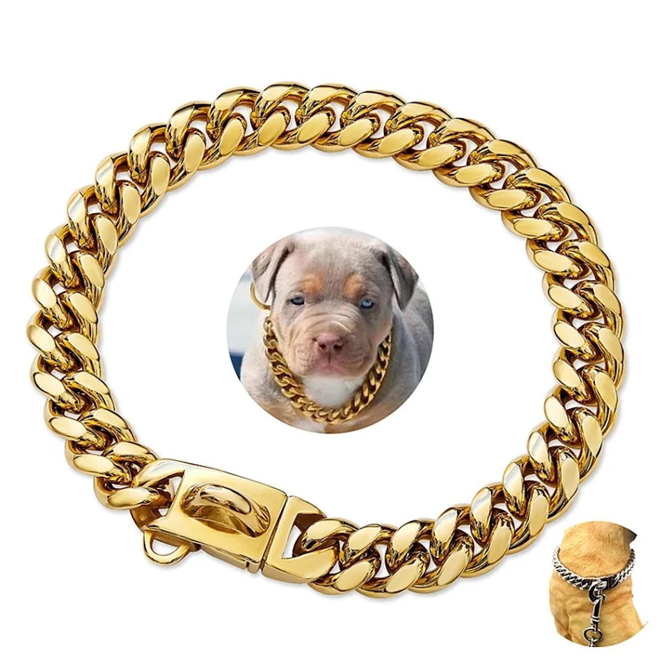 Collare per cani 14mm Catena Cubana Acciaio Inox Chiusura di Sicurezza Oro Argento. Resistente, elegante e sicuro. Perfetto per ogni avventura.