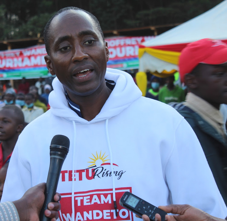 Tetu parliamentary seat aspirant Geoffrey Wandeto at Wamagana Stadium in Tetu, Nyeri, on Sunday