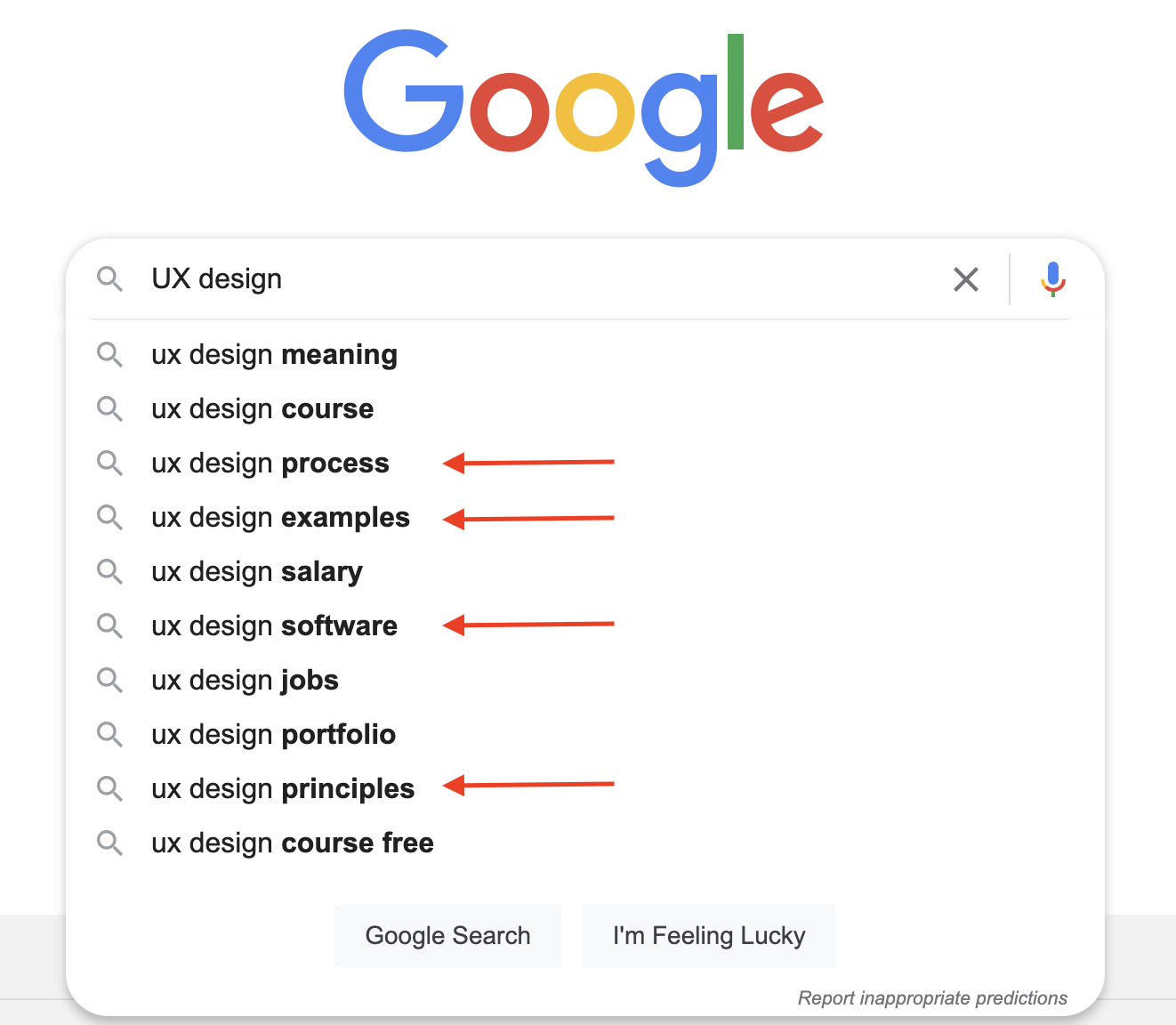 Google autosuggest for UX design