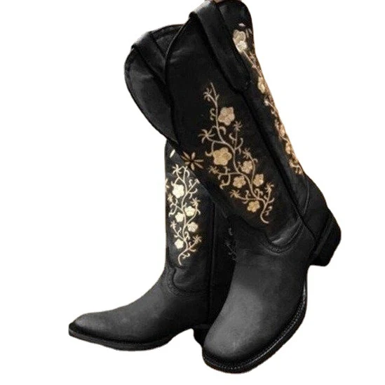 Bottes de chevalier brodées rétro à bout rond pour un style affirmé. Confort et durabilité pour un look vintage unique. Idéales pour toutes les occasions.