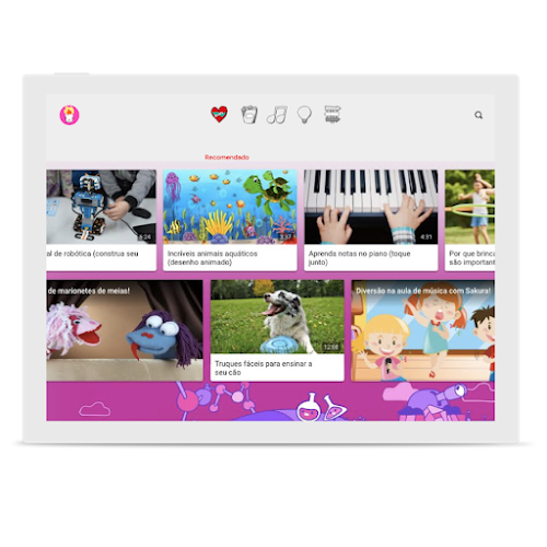 Ecrã a mostrar diferentes vídeos para as crianças escolherem no YouTube Kids
