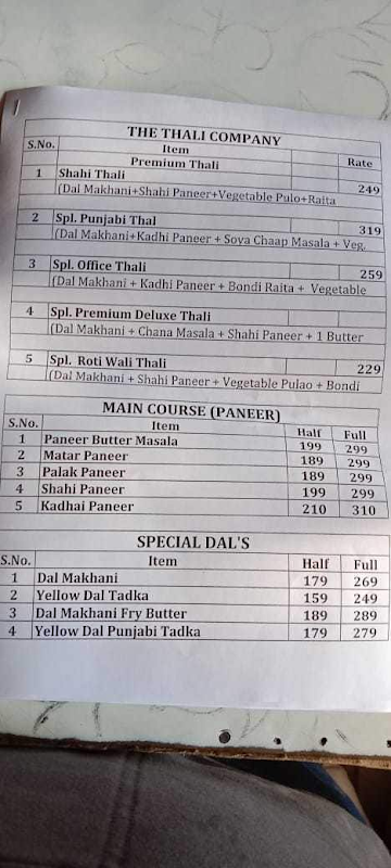 The Thali Company menu 