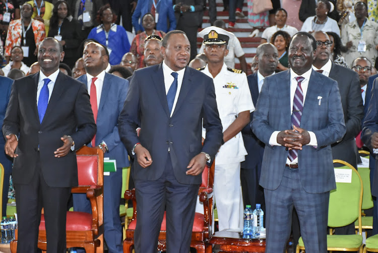 President Uhuru Kenyatta, his Deputy William Ruto and ODM leader Raila Odinga at the National Anti-Corruption Conference at Bomas of Kenya, Nairobi on January 25, 2019.