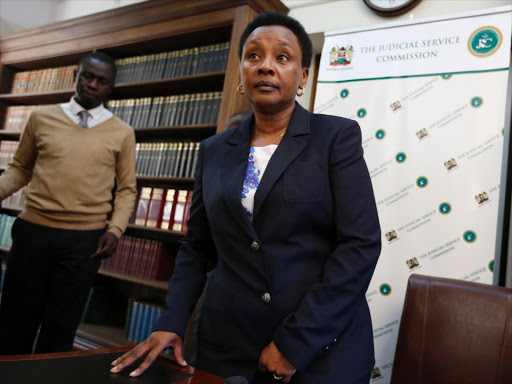 Lady Justice Philomena Mwilu takes her seat for the interview of Position of Deputy Chief Justice by the JSC Panel at the Supreme Court of Kenya on October 3, 2016. Photo/Jack Owuor