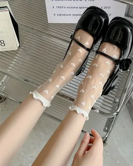 Women Sexy Ruffled Love Heart Pattern Thin Long Socks JK ... - 3