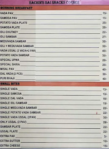 Sachin's Sai Snack Corner menu 