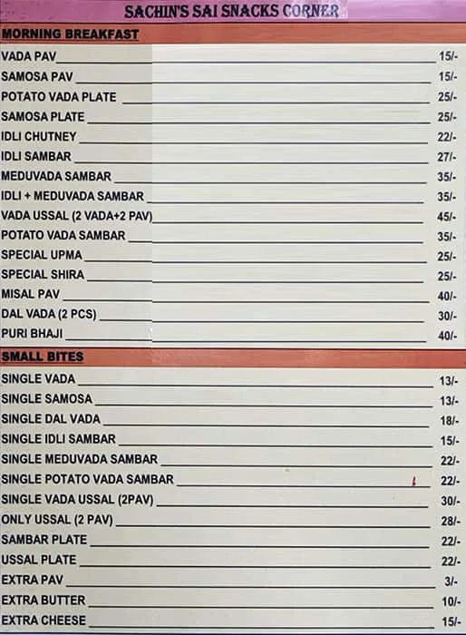 Sachin's Sai Snack Corner menu 