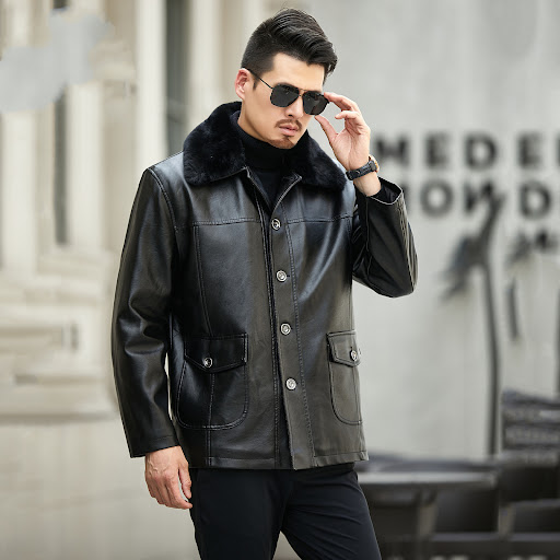 Title 6, Mens PU Leather Buttoned Coat with Large Faux ...