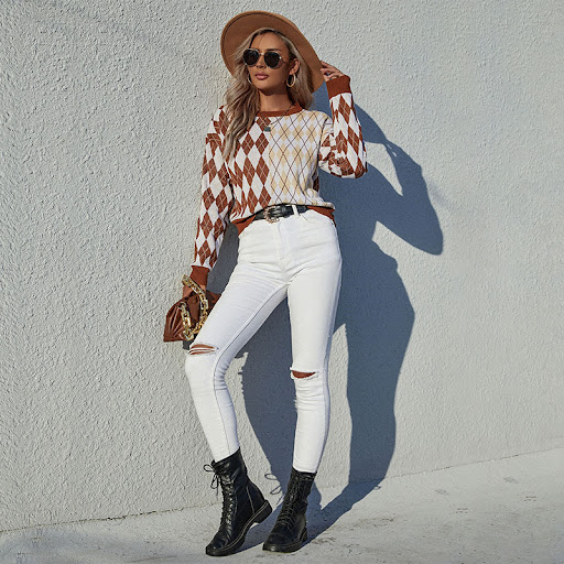 Title 2, Womens Lapel Knit Sweater American Retro Diamo...