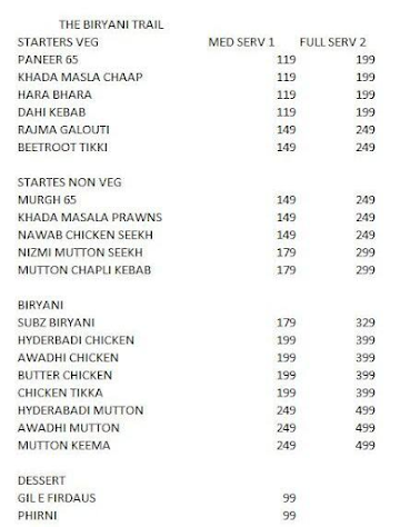 The Biryani Trail menu 