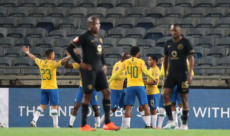 Leandro Sirino of Mamelodi Sundowns celebrates goal with teammates during the Absa Premiership match between Kaizer Chiefs and Mamelodi Sundowns at Orlando Stadium on August 27, 2020 in Johannesburg, South Africa.