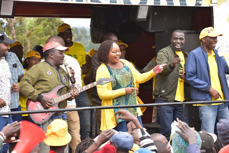 Kirinyaga Governor Anne Waiguru and other UDA candidates during campaigns at Kamweti on Saturday.