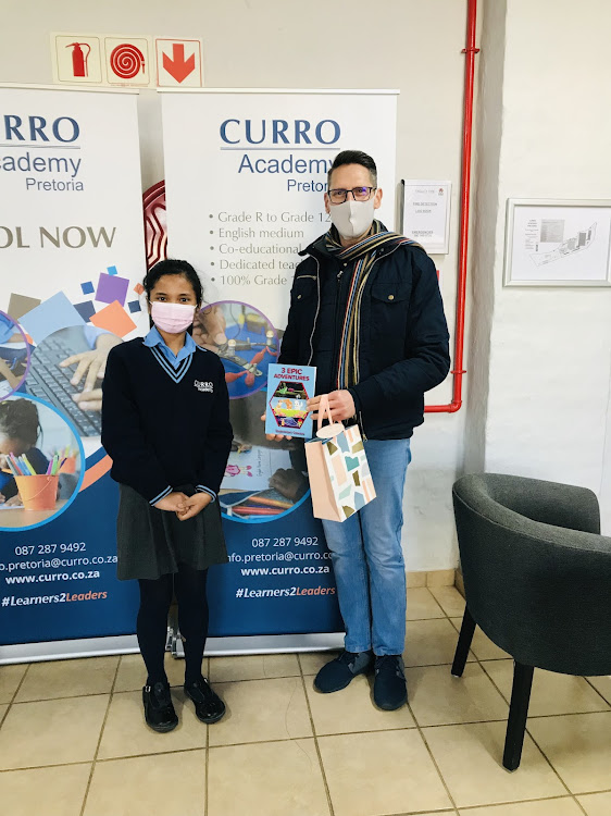 10-year-old author Samhridhy Gohain and Curro Academy Pretoria's principal, Vivian Venter.