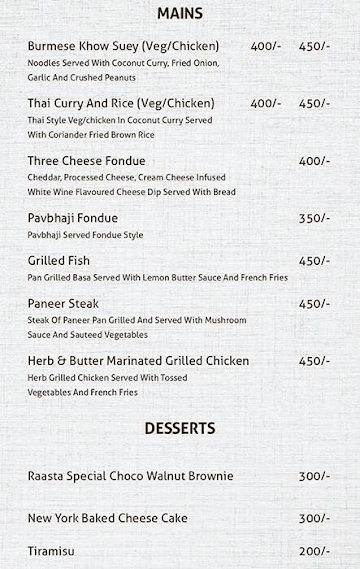 Raasta Cafe Pubtown menu 