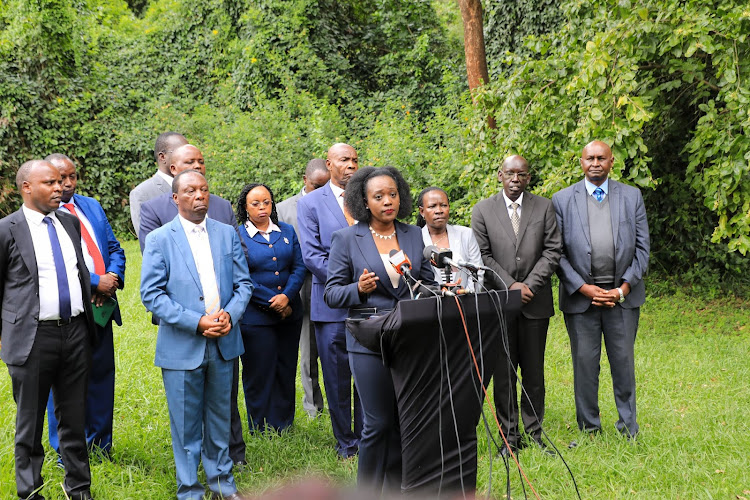 Ministrty of Environment and Climate Change Cabinet Secretary Soipan Tuya addressing the media during an inter-ministerial meeting with the Ministry of Education on collaboration towards achieving the 15 Billion National Tree Growing Programme at Nairobi Arboretum Grounds on April 2, 2024.