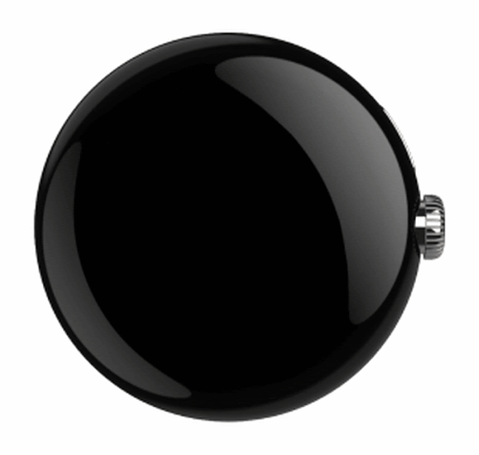 The touchscreen display of the Pixel Watch with a slow, pulsing yellow circle around the side button to emphasize that users should press this button