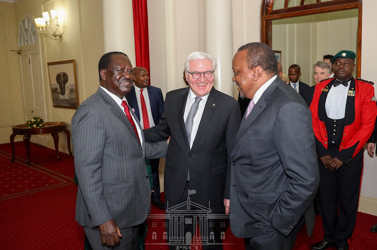 ODM party leader Raila Odinga, visiting German President Frank-Walter Steinmeier and president Uhuru Kenyatta at State House on February 24, 2020. /PSCU