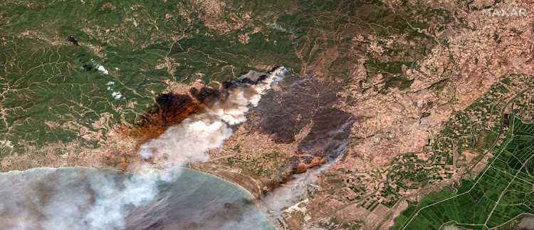 A satellite image shows an overview of wildfires near Alexandroupolis, Greece, August 21, 2023.