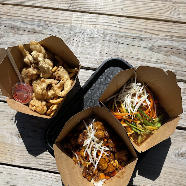 Chicken fingers & fries, Kung Pao Cauliflower Bowl and Noodle Bowl (noodle bowl not GF)