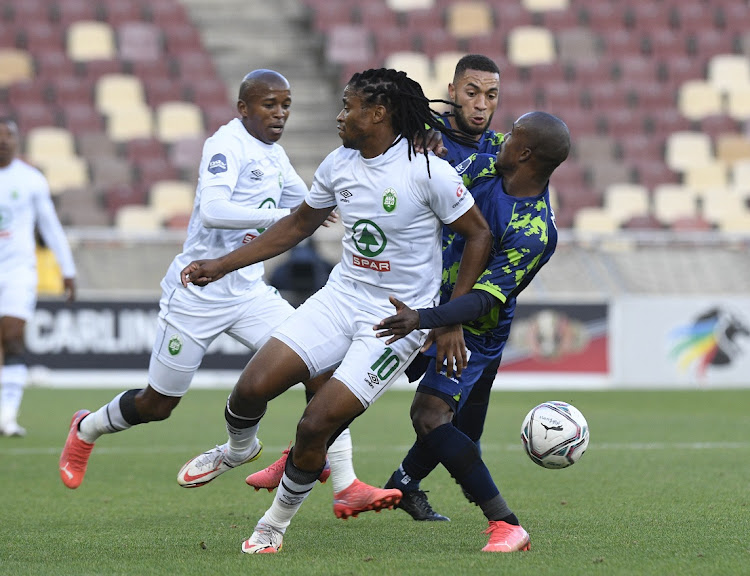 Siyethemba Sithebe of AmaZulu challenges Celimpilo Ngema of Marumo Gallants in the DStv Premiership match at Peter Mokaba Stadium in Polokwane on December 17 2021.