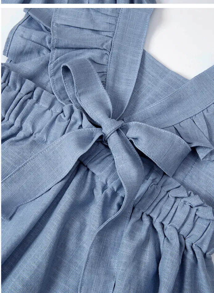 Robe brodée à oreilles en bois et nœud papillon en coton et lin pour filles, idéale pour un look charmant et décontracté.