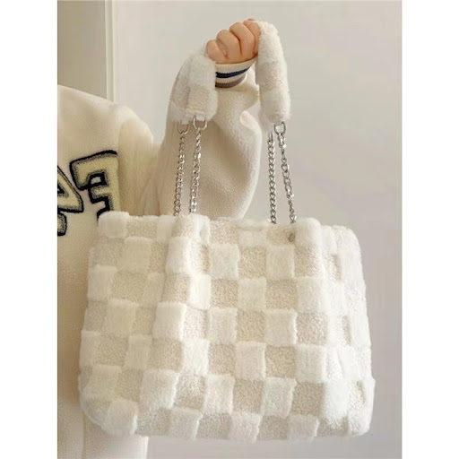 Title 5, Witte pluche schoudertas Casual tote tas Zacht ...