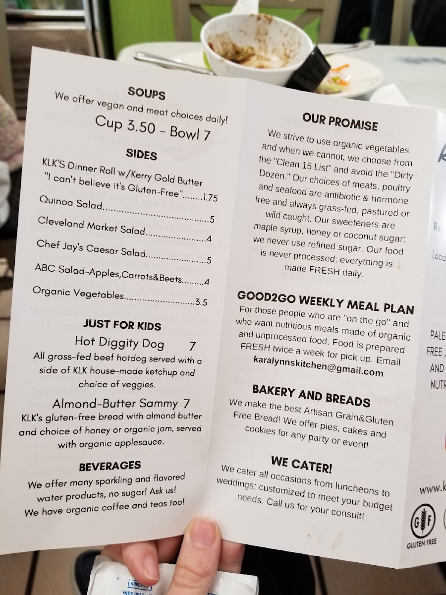 Kara Lynn's Kitchen "The Market" gluten-free menu