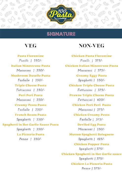 100 Pasta menu 