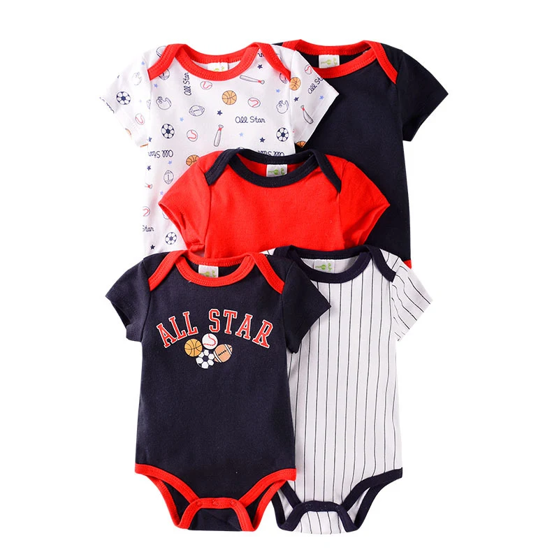 Vijfdelige romper set met korte mouwen voor baby's. Ideaal voor de zomer, gemakkelijk aan te trekken en comfortabel.