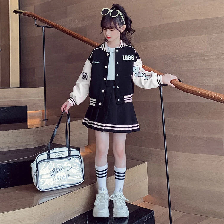Conjunto Dos Piezas Infantil Chaqueta Béisbol y Falda Plisada Estilo Universitario Perfecto para Niñas, Comodidad y Moda Casual