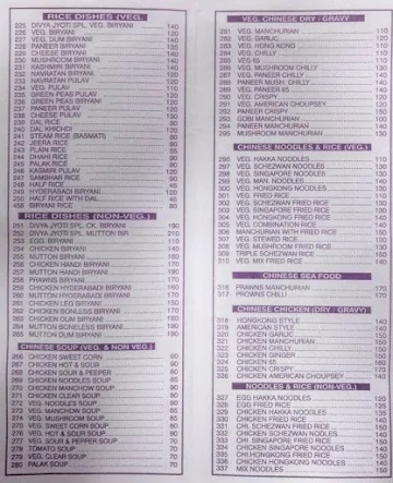 Divya Jyoti menu 