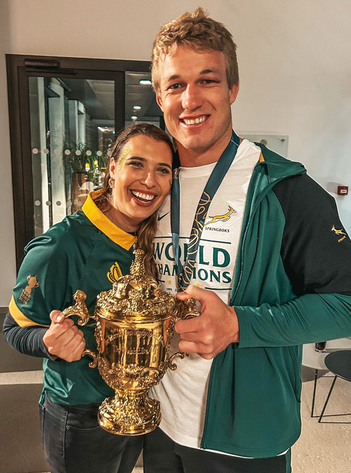 Willemien and Pieter-Steph du Toit with the Webb Ellis Cup at the Stade de France.