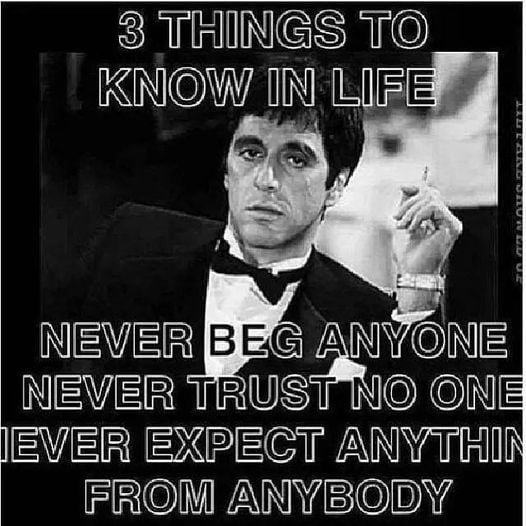 May be an image of 1 person, hair, outerwear and text that says '3 THINGS TO KNOW IN LIFE NEVER BEG ANYONE NEVER TRUST NO ONE EVER EXPECT ANYTHIN FROM ANYBODY'