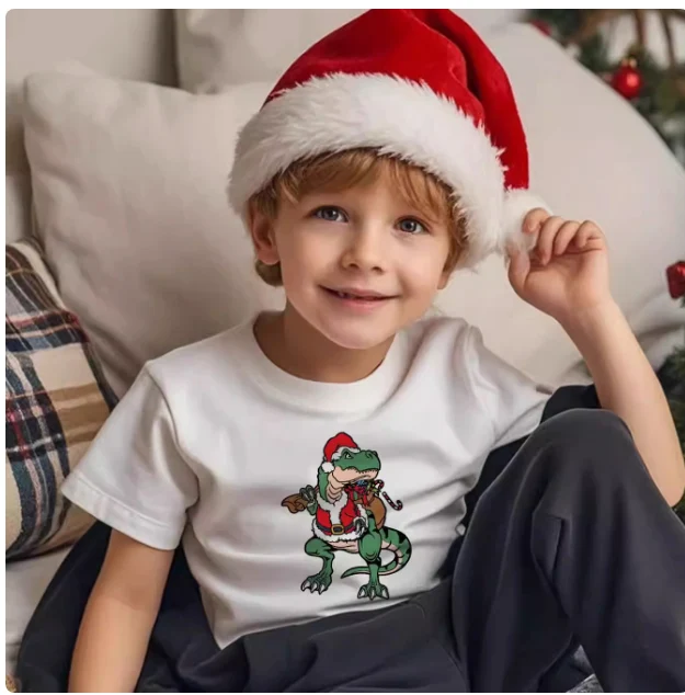 Kerstmis dinosaurust-shirt voor ouders en kinderen met korte mouwen, ideaal voor feestelijke momenten en familieplezier tijdens de feestdagen.