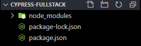 Raiz inicial das pastas após instalação do cypress no vscode, sendo a principal a pasta cypress-fullstack, dentro dela a node_modules e os arquivos package-lock.json e package.json.