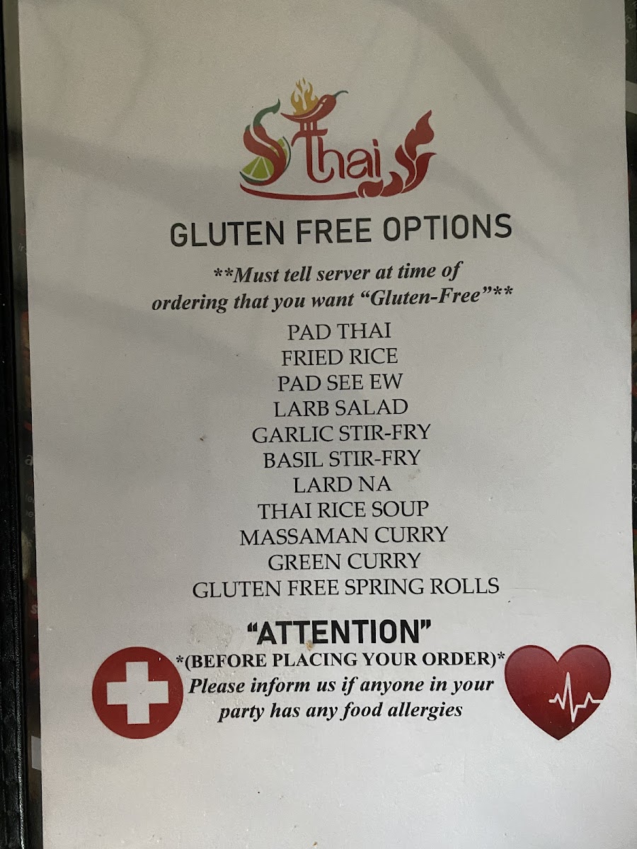 Sirinna's Thai Kitchen gluten-free menu