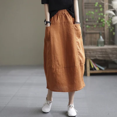 Literarisches Leinenrock lässig locker große Größe Retro Slim Rock Damen. Bequem und stilvoll für einen entspannten Look.