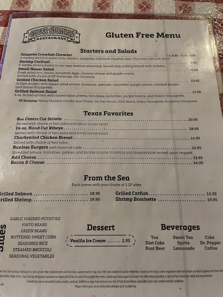 Gluten Free menu