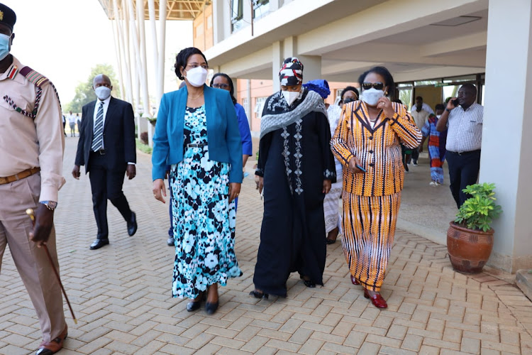 Gender and Public Service CS Margaret Kobia, Sports, Culture and Heritage CS Amina Mohammed and Maendeleo Ya Wanawake Organisation National Chairperson Rahab Muiu arriving at Bukhungu Stadium for Maendeleo's 70 year anniversary celebrations in Western Region. February 28, 2022.