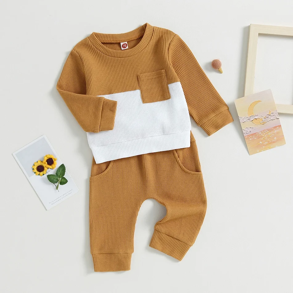 Baby set van 2 stuks, kleurmatching wafel trui en broek met veters, casual kindermode, comfortabel en stijlvol voor baby's.
