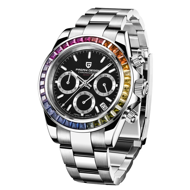 Montre quartz homme multifonction en acier inoxydable, étanche, avec cristaux colorés. Un accessoire tendance et performant.