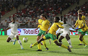 South Africa's Xhosa Manyana attempts to clear the ball during the 2023 U17 African Cup of Nations match against Nigeria at the Mohamed Hamlaoui Stadium in Constantine, Algeria on 06 May 2023.