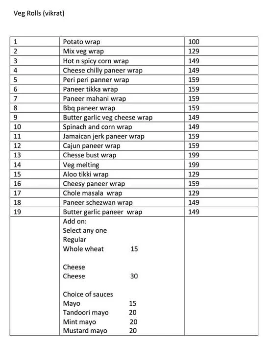 Rolls Raees menu 