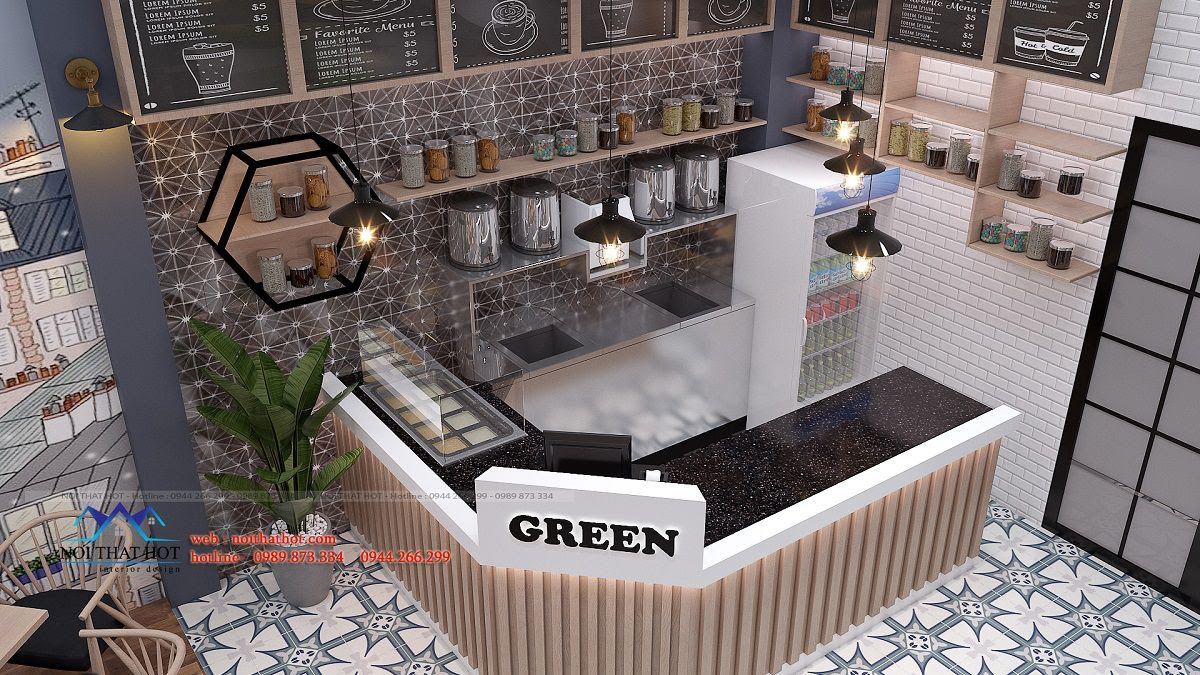 thiết kế quán trà sữa green 10