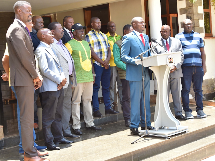 Senator Cleophas Malala addressing the media in Karen after his predecessor Boni Khalwale stepped down for him.