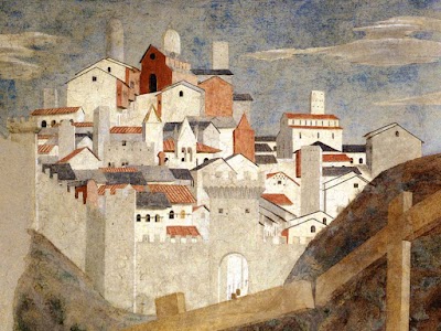 Piero della Francesca, Ritrovamento delle tre croci (particolare della spledita veduta prospettica di Arezzo), Basilica di San Francesco, Arezzo