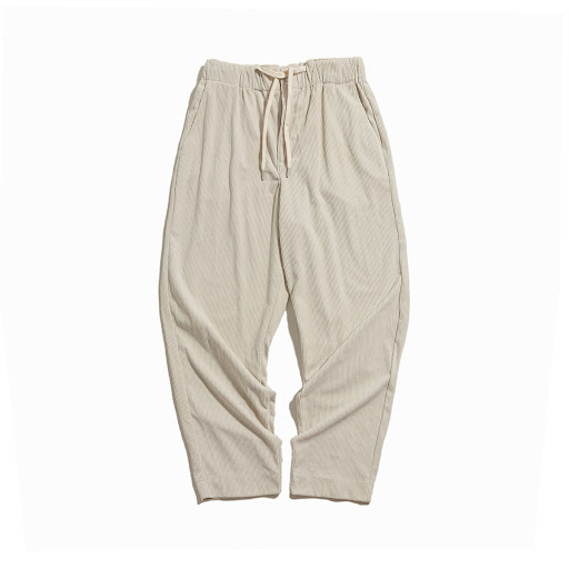 Title 2, Beige Corduroy Straight Leg Pants with Drawstri...